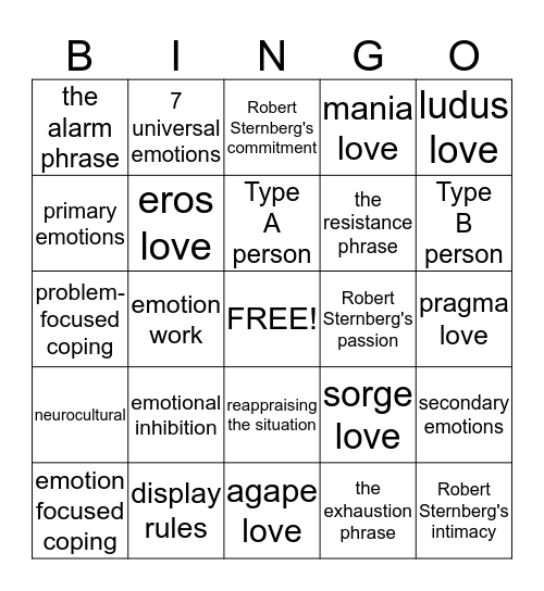 Emotions/ Stress  Bingo Card