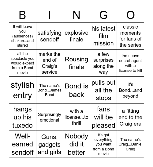 No Time To Die Review Bingo Card