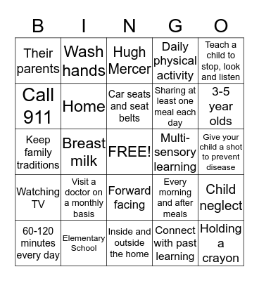 Raising Young Children in a New Country Bingo Card