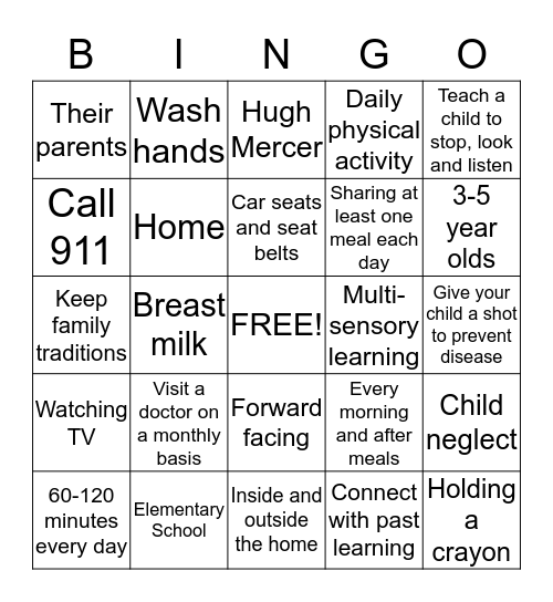 Raising Young Children in a New Country Bingo Card