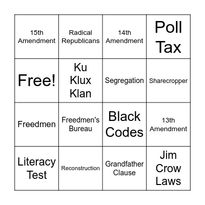 RECONSTRUCTION Bingo Card