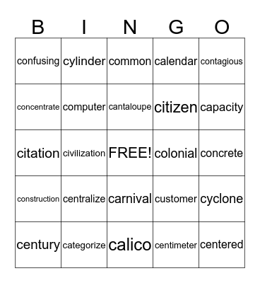 Hard and Soft C Bingo Card