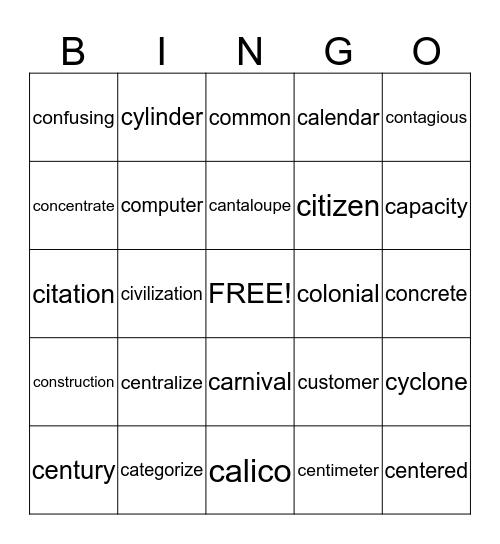 Hard and Soft C Bingo Card