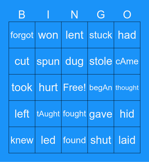 Past Forms Irregular Verbs Bingo Card