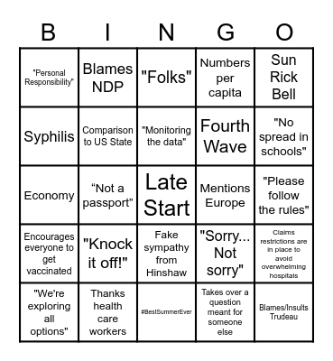 Universal Kenney Covid Presser Bingo Card