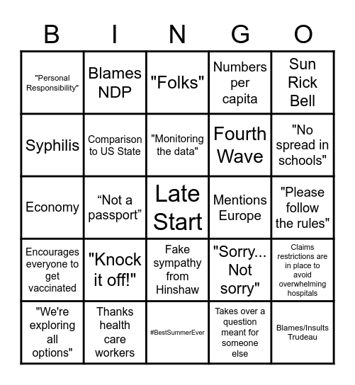 Universal Kenney Covid Presser Bingo Card