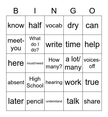ASL 1 week 4 BINGO Card
