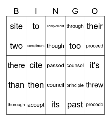 Commonly Confused Words Bingo Card