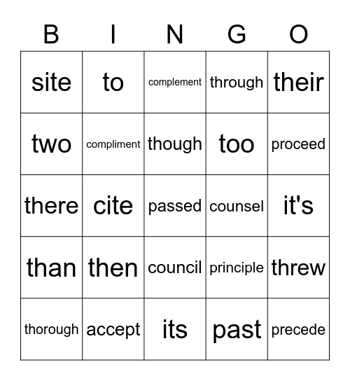 Commonly Confused Words Bingo Card