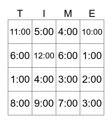 Match The Time Bingo Card