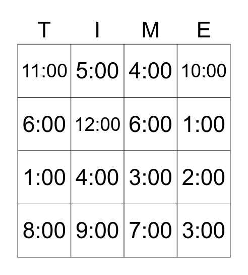 Match The Time Bingo Card