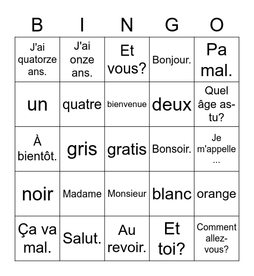 French Intro Bingo Card