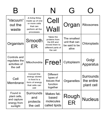 Cell Parts Bingo Card