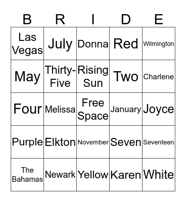 Bridal Bingo Card