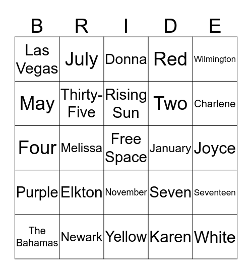 Bridal Bingo Card