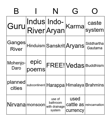 Indian’s First Civilization Bingo Card