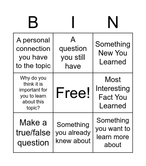 Discussion Bingo Card