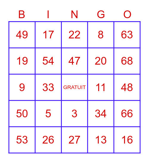 Number Bingo 1-69 Bingo Card