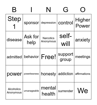 Step One/Recovery Bingo Card