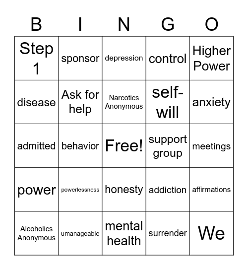Step One/Recovery Bingo Card