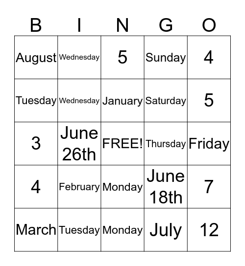 Calendar Bingo Card