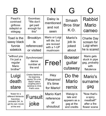 Mario 2022 Movie Bingo Card