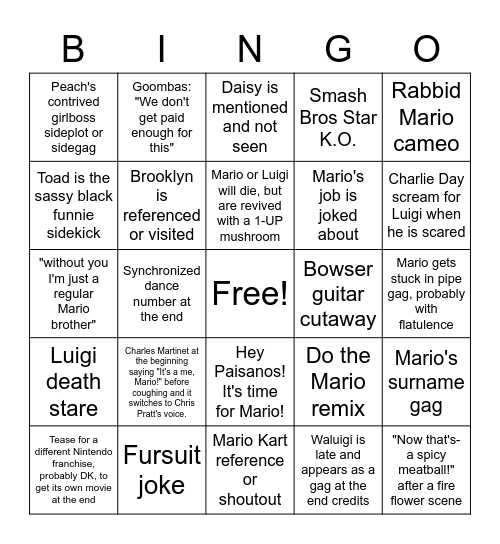 Mario 2022 Movie Bingo Card