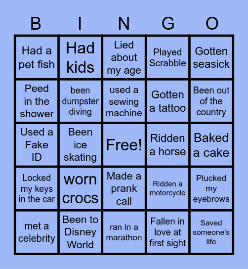 Never Have I Ever..... Bingo Card