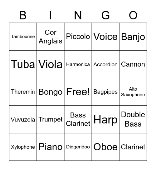 SUWO Musical Bingo Card