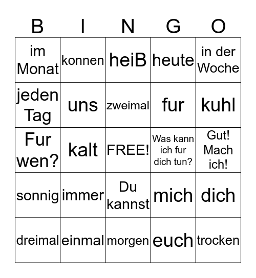 German 1 Kapitel 7: Zweite/Dritte Bingo Card
