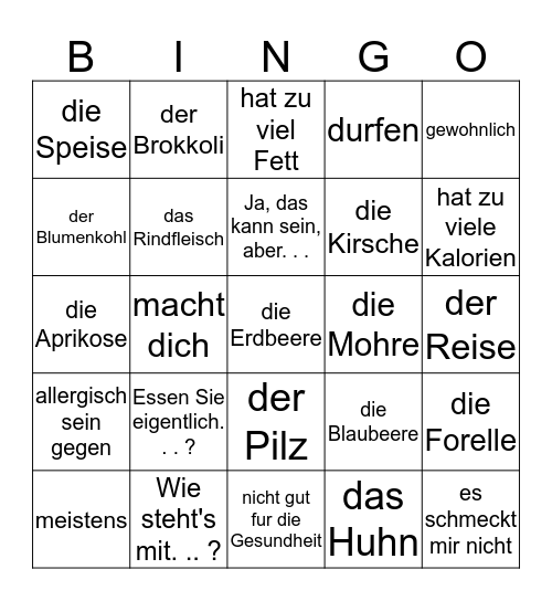 German 2 Kapitel 4 Gesund Leben Bingo Card