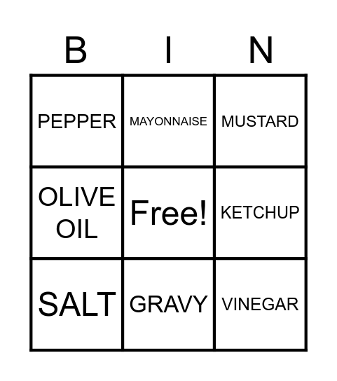 CONDIMENTS Bingo Card