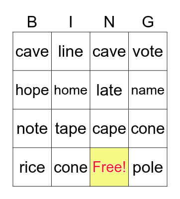 ALICE ENGLISH SHORT VOWEL Bingo Card