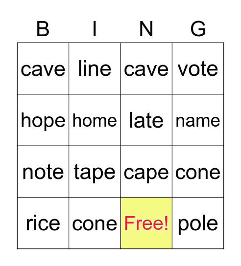 ALICE ENGLISH SHORT VOWEL Bingo Card
