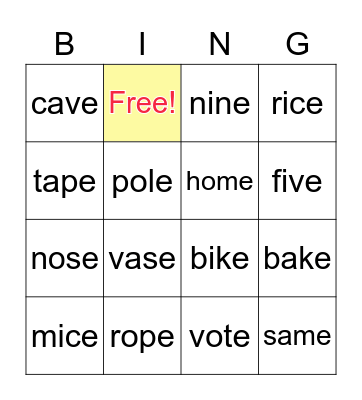 ALICE ENGLISH LONG VOWEL Bingo Card