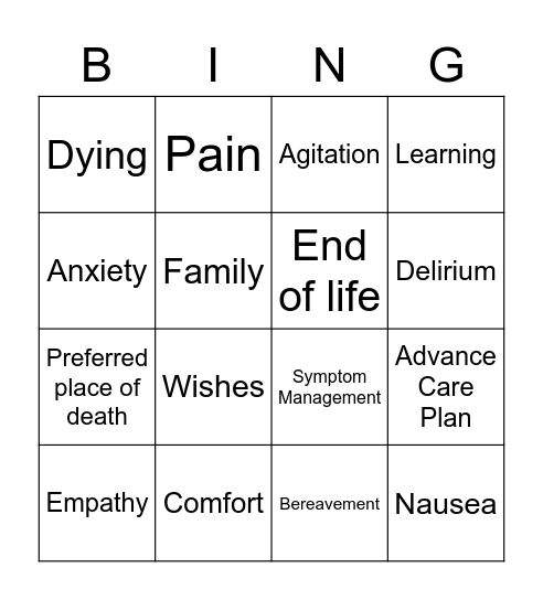 End of Life Bingo Card