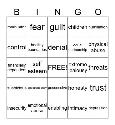 Unhealthy & Healthy Relationships Bingo Card