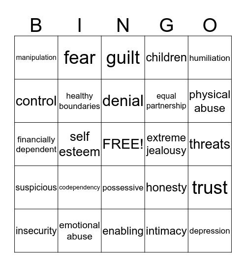 Unhealthy & Healthy Relationships Bingo Card