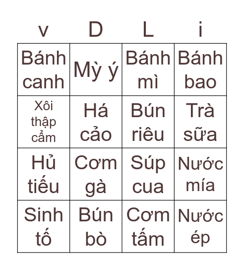 Thẻ lô tô của VDL nè Bingo Card