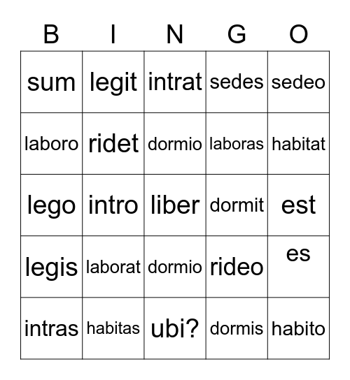 Verbs Bingo Card