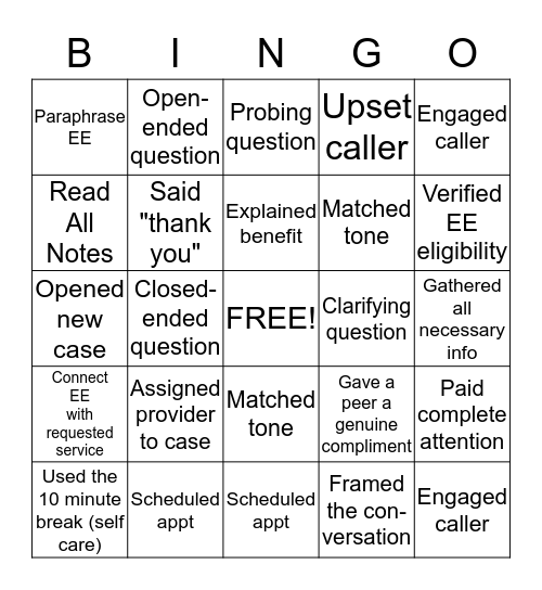 Active Listening/Effective Questions Bingo Card