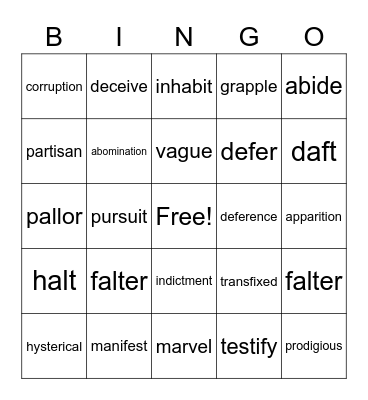 The Crucible Vocabulary Bingo Card