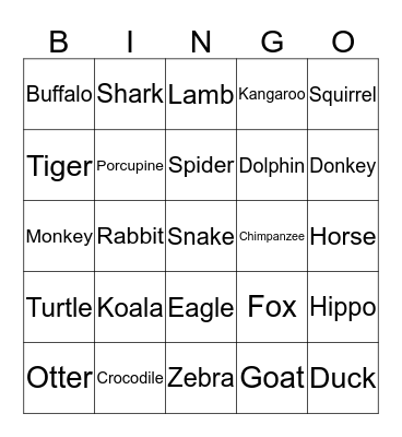 Animals Bingo Card