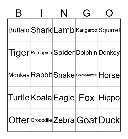 Animals Bingo Card