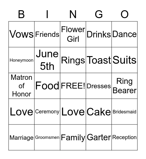 Bridal Bingo Card