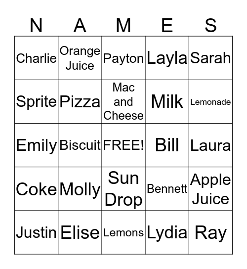 Names and Food/Beverages Bingo Card