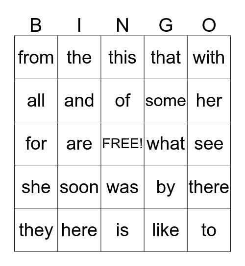 Sight Word Bingo Card