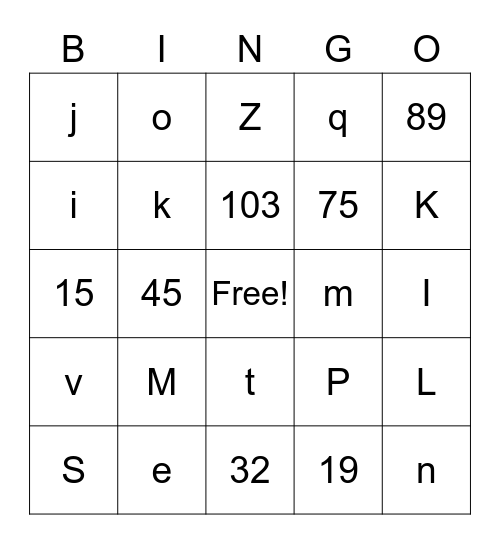 Letters and Numbers Bingo Card