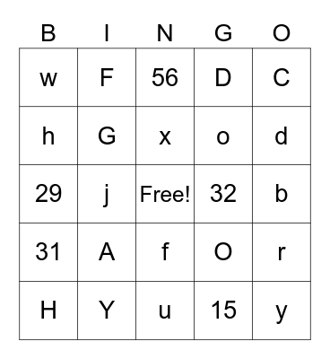 Letters and Numbers Bingo Card