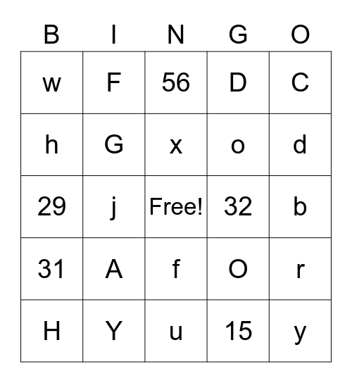 Letters and Numbers Bingo Card